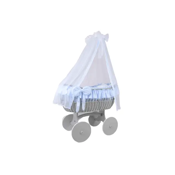 MJ Marks Ophelia Grey and Blue Wicker Crib with Drapes Mj Marks