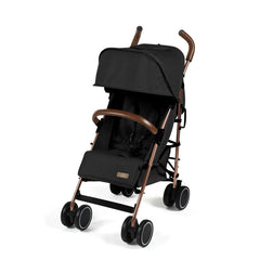 Ickle Bubba Discovery stroller in black with rose gold metallic frame and brown leather-like handles shown from the back side
