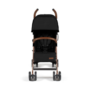 Ickle Bubba Discovery stroller in black with rose gold metal frame and brown leather handles shown from the back side