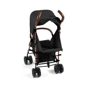 Black ickle bubba discovery stroller with rose gold metal frame and wooden handle grips shown from the back side