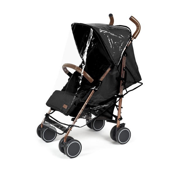 Ickle Bubba Discovery MAX stroller black with rose gold metallic frame handlebars and transparent rain cover visible from back