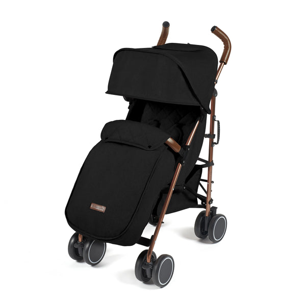 Ickle Bubba Discovery MAX stroller black fabric with rose gold metal frame and handle grips shown from the back side