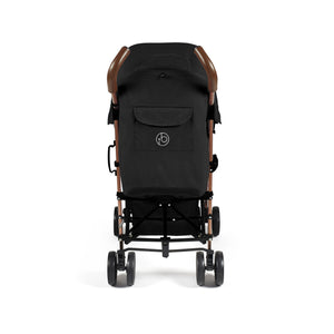 Black ickle bubba discovery max stroller back view with rose gold accents and logo on the back pocket