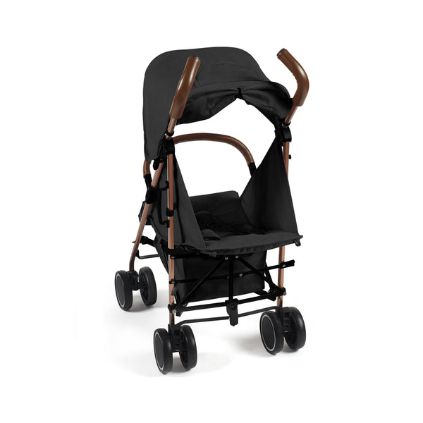Ickle Bubba Discovery MAX stroller black with rose gold metal frame and wooden handle grips seen from the back side