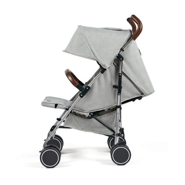 Ickle Bubba Discovery MAX stroller in grey with brown leather handles and black wheels shown from the back side