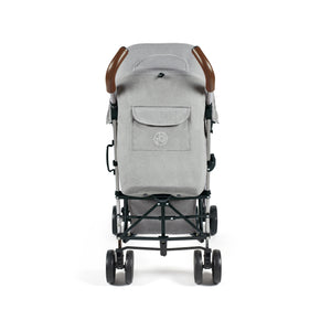 Ickle Bubba Discovery MAX stroller in grey with brown leather handles and black metal frame shown from the back side