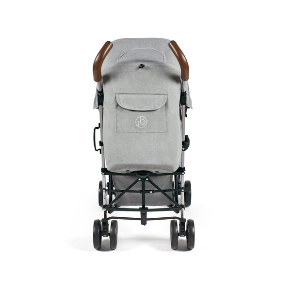 Ickle Bubba Discovery MAX stroller in grey with brown leather handles and black metal frame shown from the back side