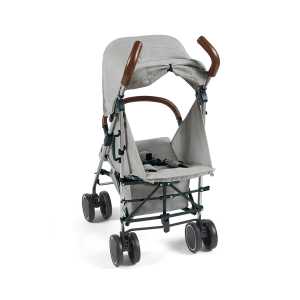 Ickle Bubba Discovery MAX stroller in grey with brown wooden handles and black metal frame shown from the back side