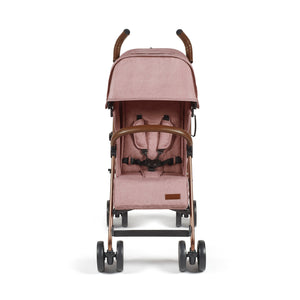 Ickle Bubba Discovery MAX stroller in dusky pink with rose gold frame brown leather handles and soft pink fabric seat