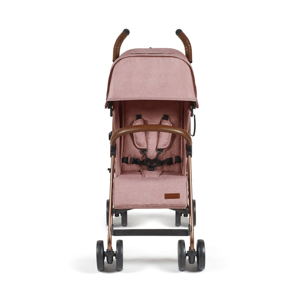 Ickle Bubba Discovery MAX stroller in dusky pink with rose gold frame brown leather handles and soft pink fabric seat
