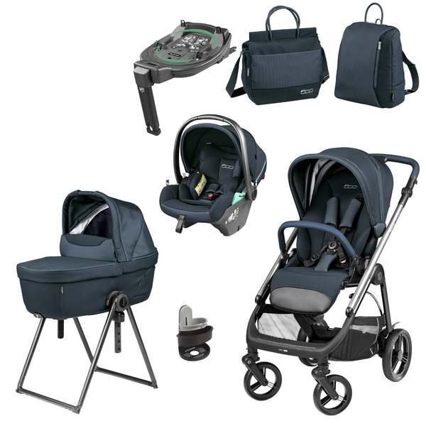 Dark navy blue and black peg perego veloce deluxe baby stroller with silver frame and mesh storage basket front view