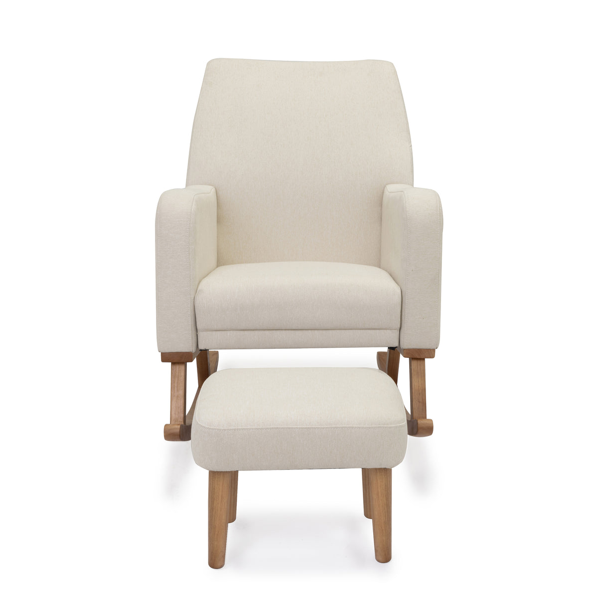 Babymore callie nursing chair and stool in ivory cream fabric with light wood legs and minimalist rocking design
