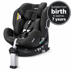 Fresh Black XENON 1 with padded insert and harness; graphic states suitable from birth to approximately 7 years.