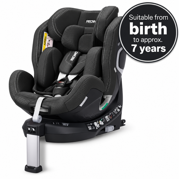 Fresh Black XENON 1 with padded insert and harness; graphic states suitable from birth to approximately 7 years.