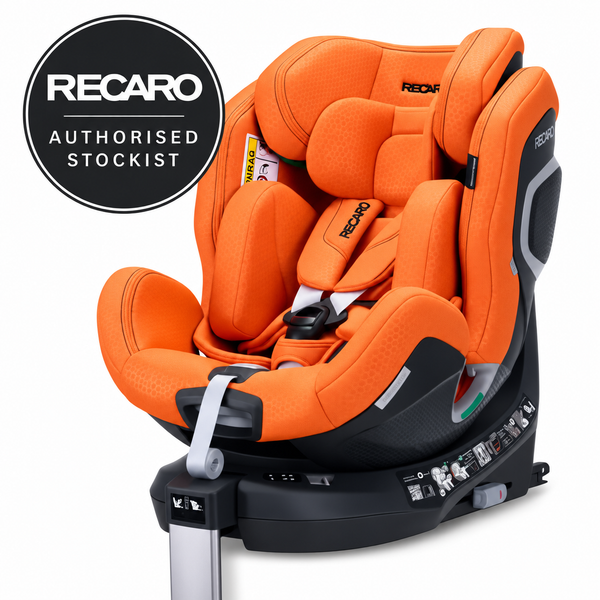 Vibrant Orange XENON 1 with padded insert and harness, beside a Recaro authorised stockist badge.