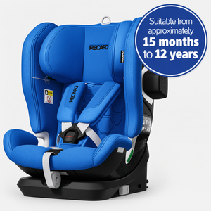 Calm Blue VELIX 1 with padded harness; graphic states suitable from approximately 15 months to 12 years.