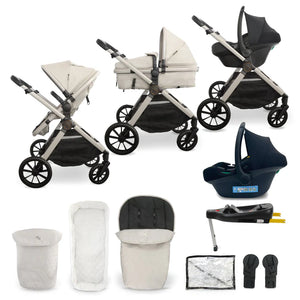 Beige and black my babiie MB220 3-in-1 travel stroller system with sleek metallic frame including pram car seat and isofix base