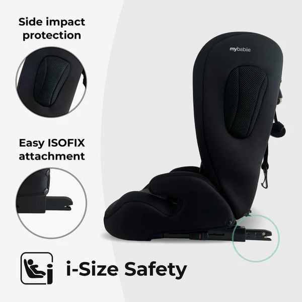 Black mybabiie toddler to booster r129 car seat with mesh side impact protection and easy isofix attachment