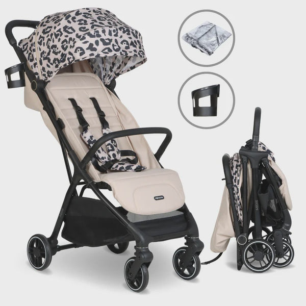 My babiie mbx6 auto fold compact stroller in beige and black fawn leopard print with foldable design