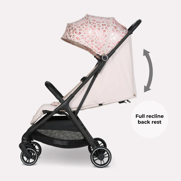 My Babiie MBX6 auto-fold compact stroller with pink leopard print canopy white fabric sides and full recline backrest