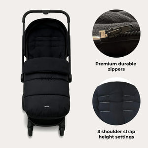 My Babiie universal footmuff black quilted baby stroller cover with adjustable shoulder straps and premium zippers