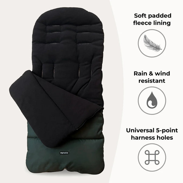 My babiie universal footmuff in black and dark green padded with soft fleece lining for stroller use