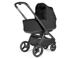 Black convertible stroller with sleek metal frame and soft fabric carriage in peg perego city loop pro 3 in 1 elite travel system