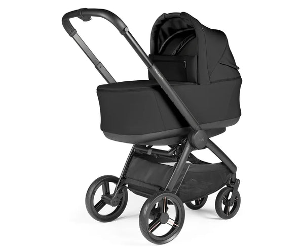 Black convertible stroller with sleek metal frame and soft fabric carriage in peg perego city loop pro 3 in 1 elite travel system