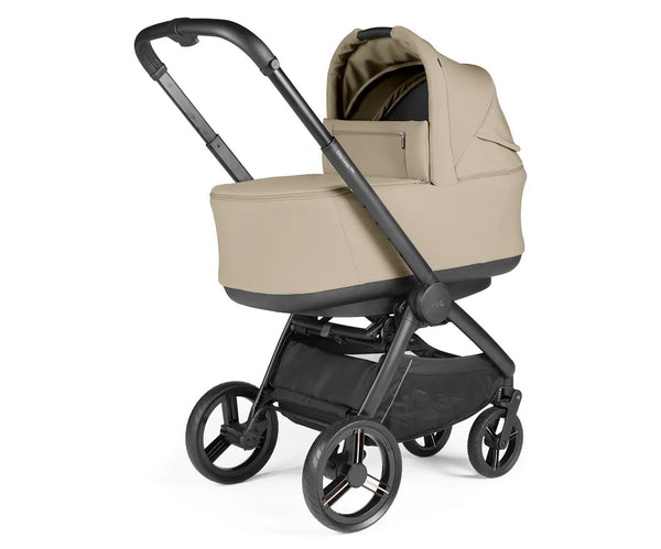 Beige and black peg perego city loop pro 3 in 1 elite travel system stroller with soft fabric carrycot in vanilla blend