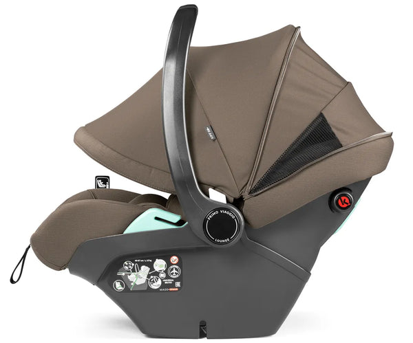 Peg perego city loop pro 3 in 1 elite travel system infant car seat with brown fabric lining and mint green accent