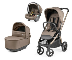 Beige and black Peg Perego City Loop Pro 3 in 1 travel system with matching car seat and bassinet in pine bark color