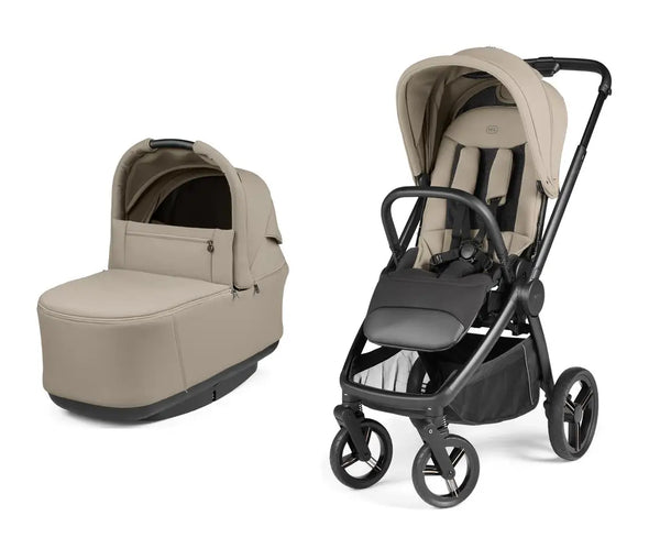 Beige and black convertible peg perego city loop pro stroller with matching carrycot in vanilla blend with modern design