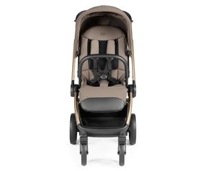 Beige and black peg perego city loop pro stroller with gold-tone frame and bassinet bundle in pine bark color