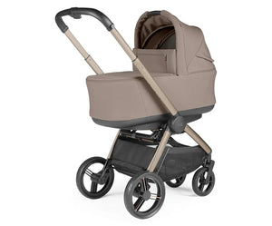 Beige and black convertible peg perego city loop pro stroller bassinet bundle with sleek metallic frame pine bark color
