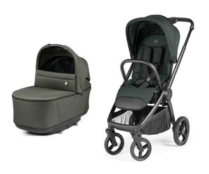 Dark green and black peg perego city loop pro stroller with matching carrycot featuring sleek metal frame design