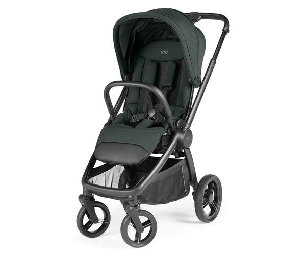 Dark green and black Peg Perego City Loop Pro stroller metal with canopy adjustable handlebar four wheels and storage basket
