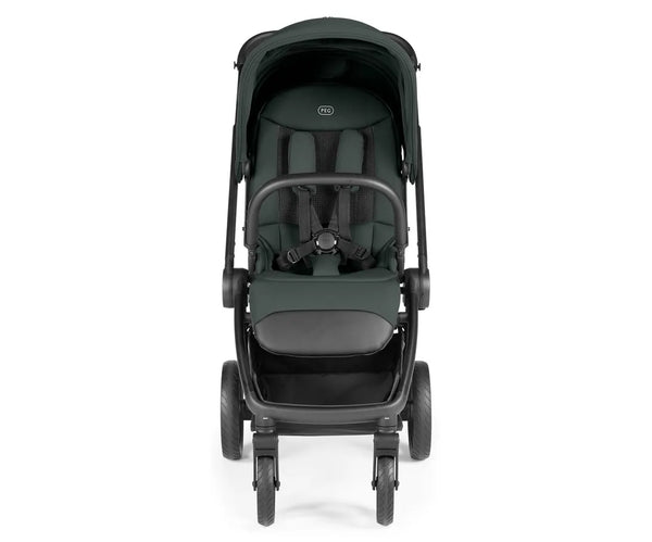 Peg Perego city loop pro stroller metal in dark green and black with sleek design padded seating and adjustable harness straps