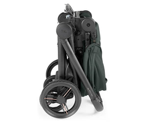 Peg perego city loop pro stroller black folding baby stroller with dark green fabric and metal wheel hubs viewed from back