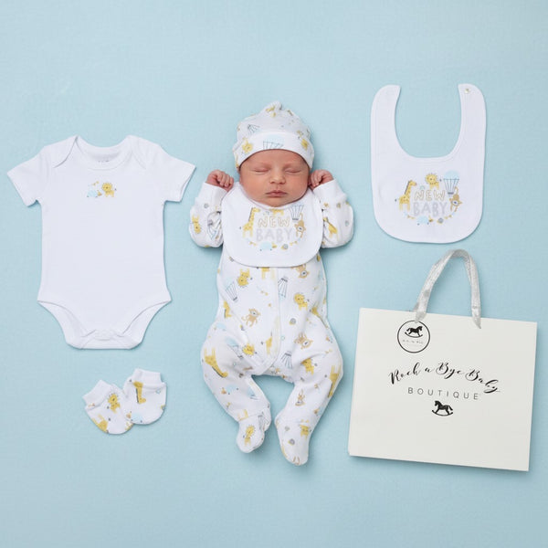 Rock a Bye Boutique New Baby Safari 5 Piece Layette Gift Set – White