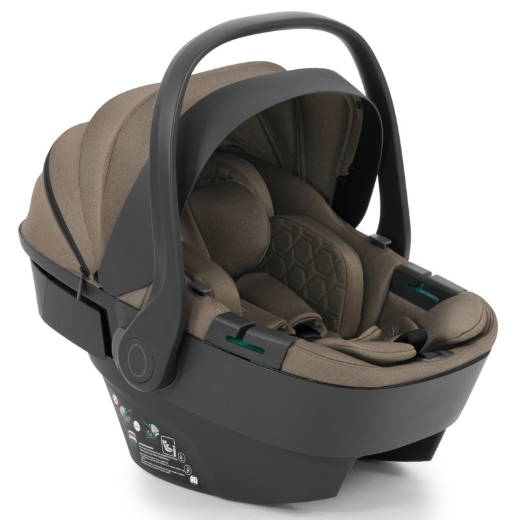 Egg3 mink all stages 360 infant car seat with taupe fabric interior and black plastic frame with isofix base
