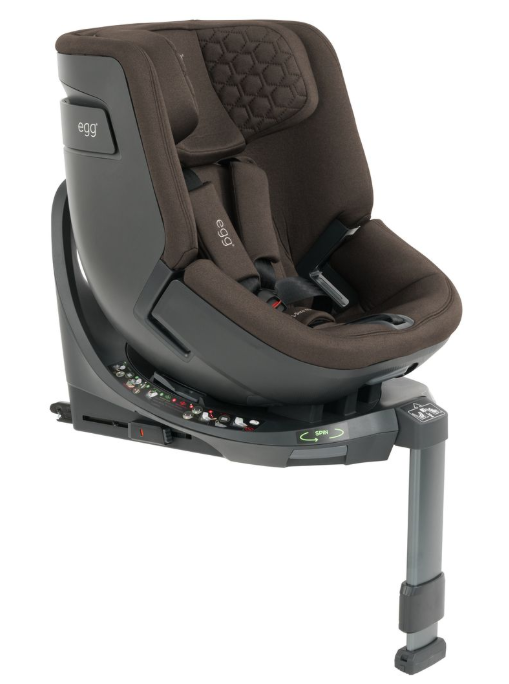 Brown upholstered egg3 chocolate velvet convertible car seat with hexagonal headrest and dark gray isofix base