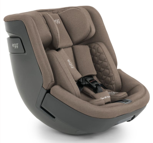 Egg3 mink all stages 360 brown leatherlike egg car seat with quilted padding and black harness straps