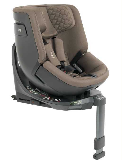 Egg toddler 360 car seat mink with brown quilted fabric, black plastic base, and adjustable harness system