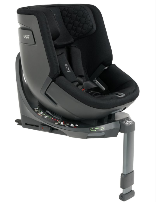 Black egg3 panther all stages 360 convertible car seat with sleek padded fabric upholstery and isofix base