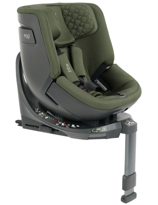 Egg toddler 360 car seat in sage olive green quilted fabric with black plastic frame and egg brand logo