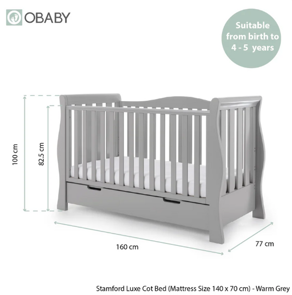 OBaby Stamford Luxe Cot Bed - Warm Grey with Under Bed Drawer