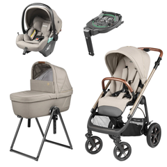 Beige and black Peg Perego Veloce Lite stroller with rose gold handlebars in Astral travel system bundle