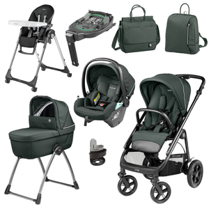 Dark green and black peg perego veloce elite stroller with adjustable handlebars and four sturdy wheels in metal design