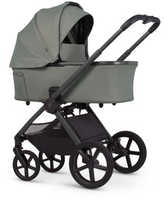 Modern olive-green Venicci Upline 3 Aloe 2 in 1 pushchair with black metal frame and wheels shown from the back side