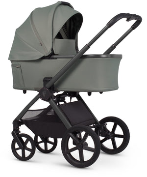 Modern olive-green Venicci Upline 3 pram with black metal frame and wheels in a 4 in 1 travel system bundle
